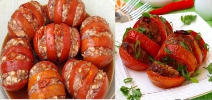 Запечённые помидоры с мясом. Берите помидорки поспелее и наслаждайтесь каждым кусочком! 